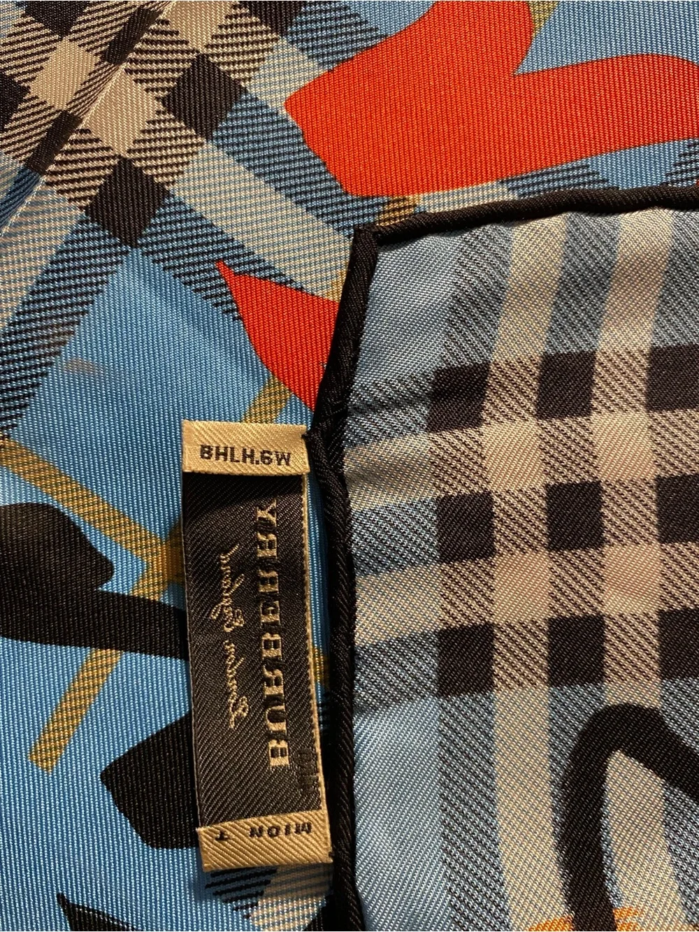 Burberry Blue and Orange Plaid Silk Scarf with Black Accents